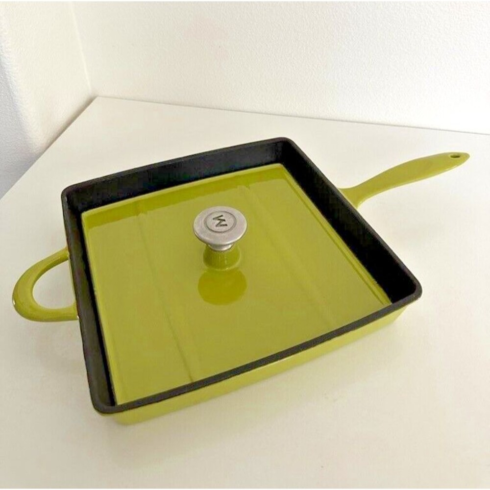 11” Mario Batali Green Enameled Cast Iron Grill Pan Panini Press with Lid Logo